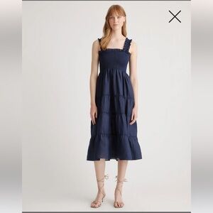 Quince 100% European Linen Smocked Midi Dress in Navy